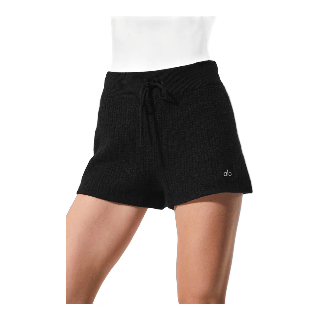 alo Cashmere High-Waist Plush Waffle Short - Black - Image 2