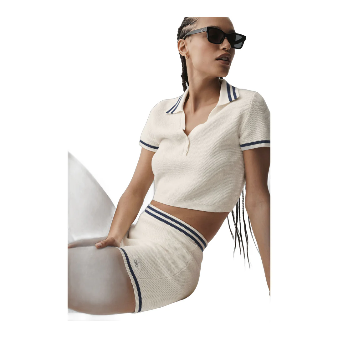 alo Tennis Club Sweater Knit Hot Short - Ivory/Navy - Image 5