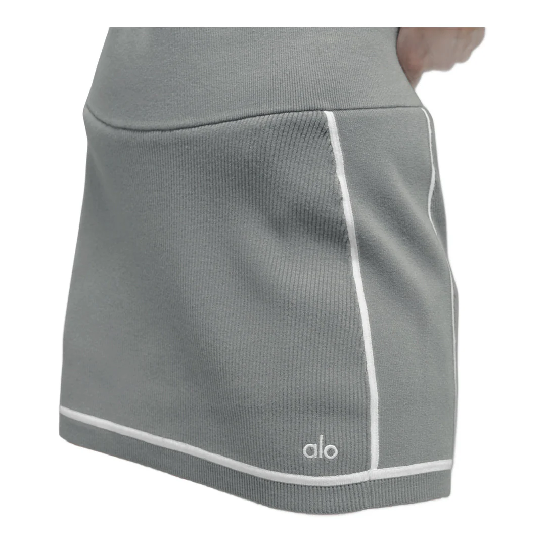 alo Ribbed Sweater Knit Highline Mini Skirt - Lunar Grey/White - Image 4