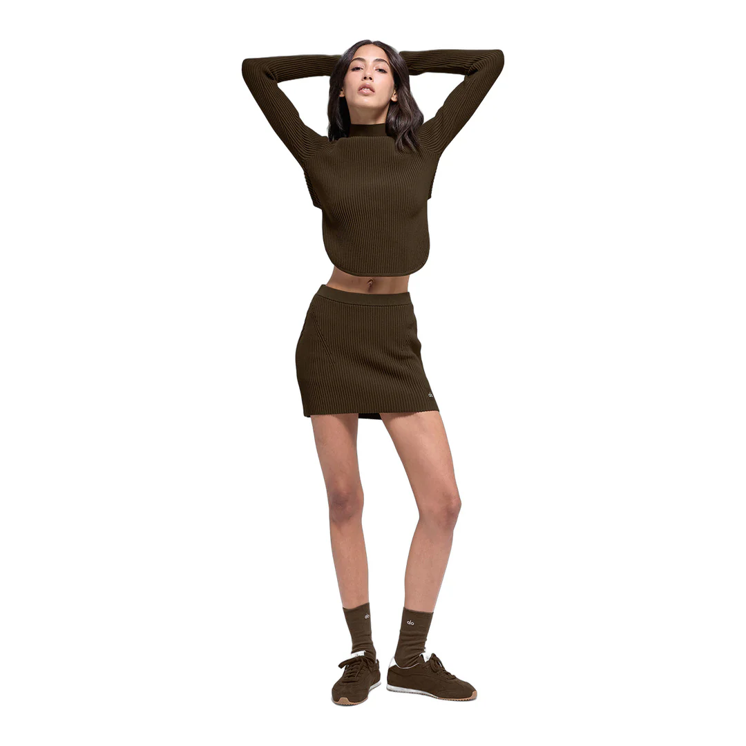 alo Denim Knit High-Waist Skirt - Espresso/Black