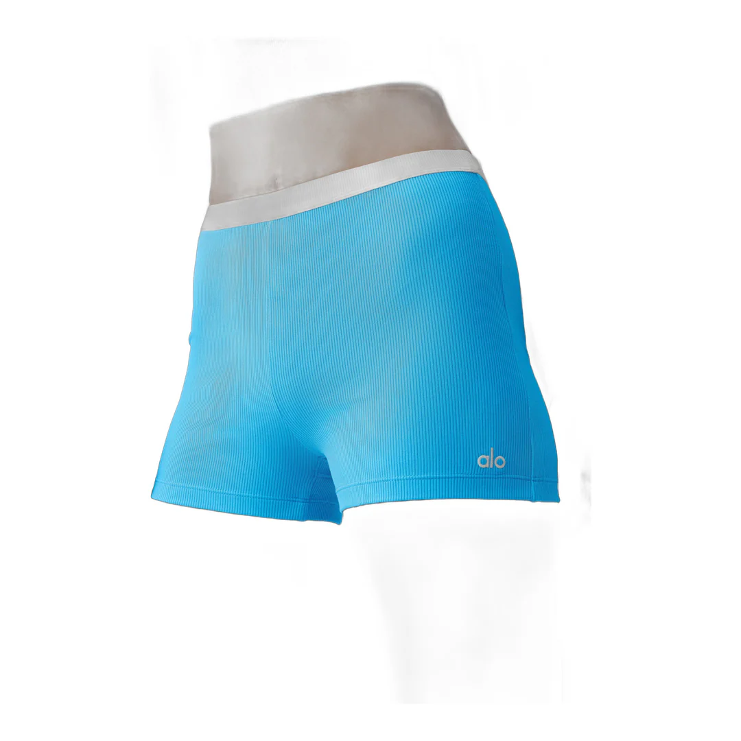 alo Goddess Ribbed High-Waist First Pick Short - Azure Blue/White - Image 4