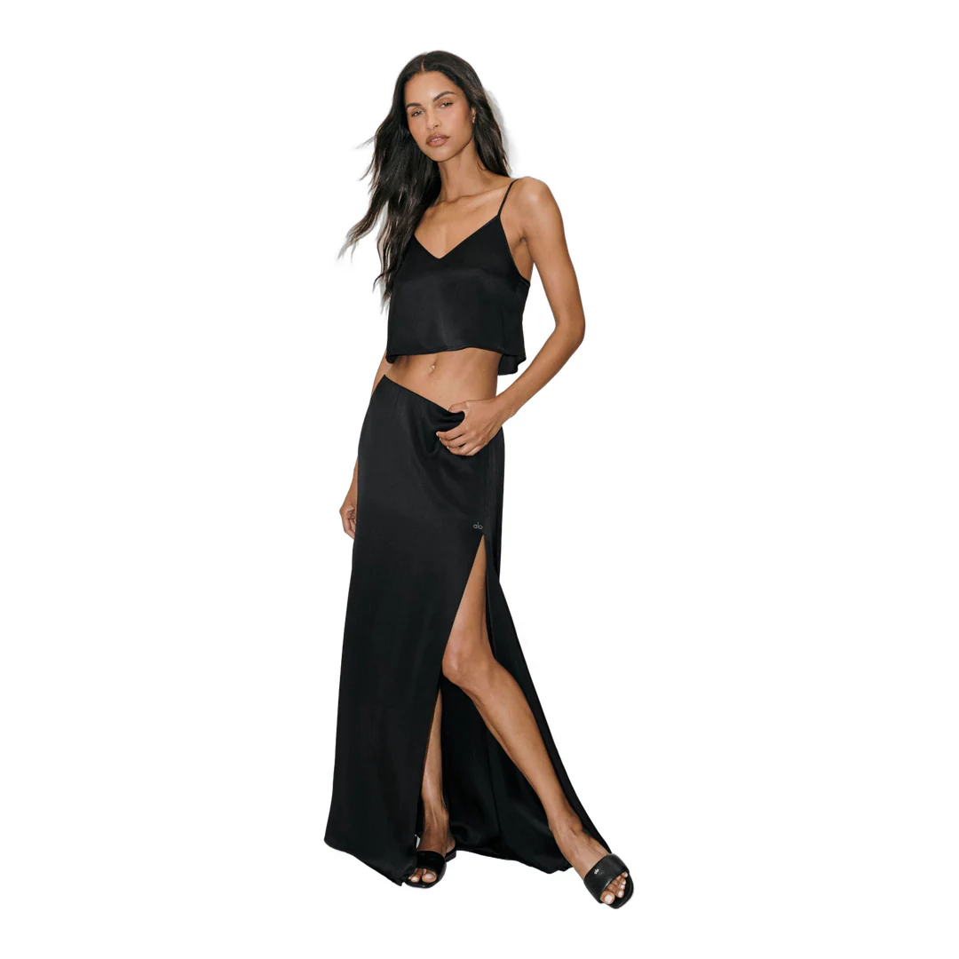 alo Silk Blend Low-Rise Radiance Long Skirt - Black