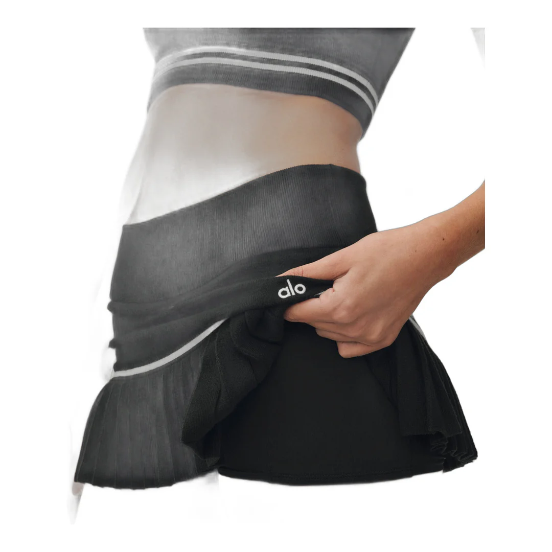 alo Cotton Cashmere High-Waist My Serve Tennis Skirt - Black/White - Image 2