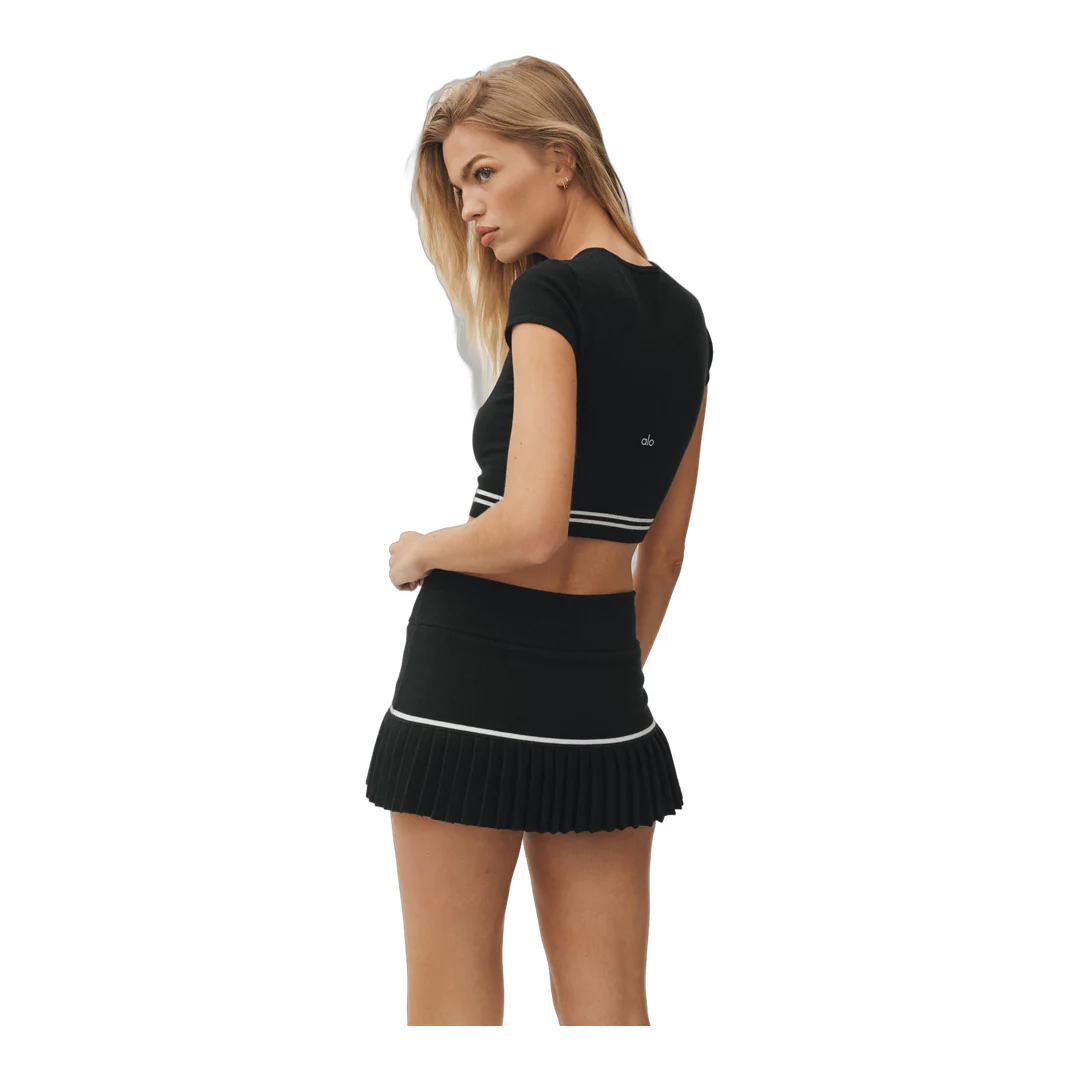 alo Cotton Cashmere High-Waist My Serve Tennis Skirt - Black/White - Image 4