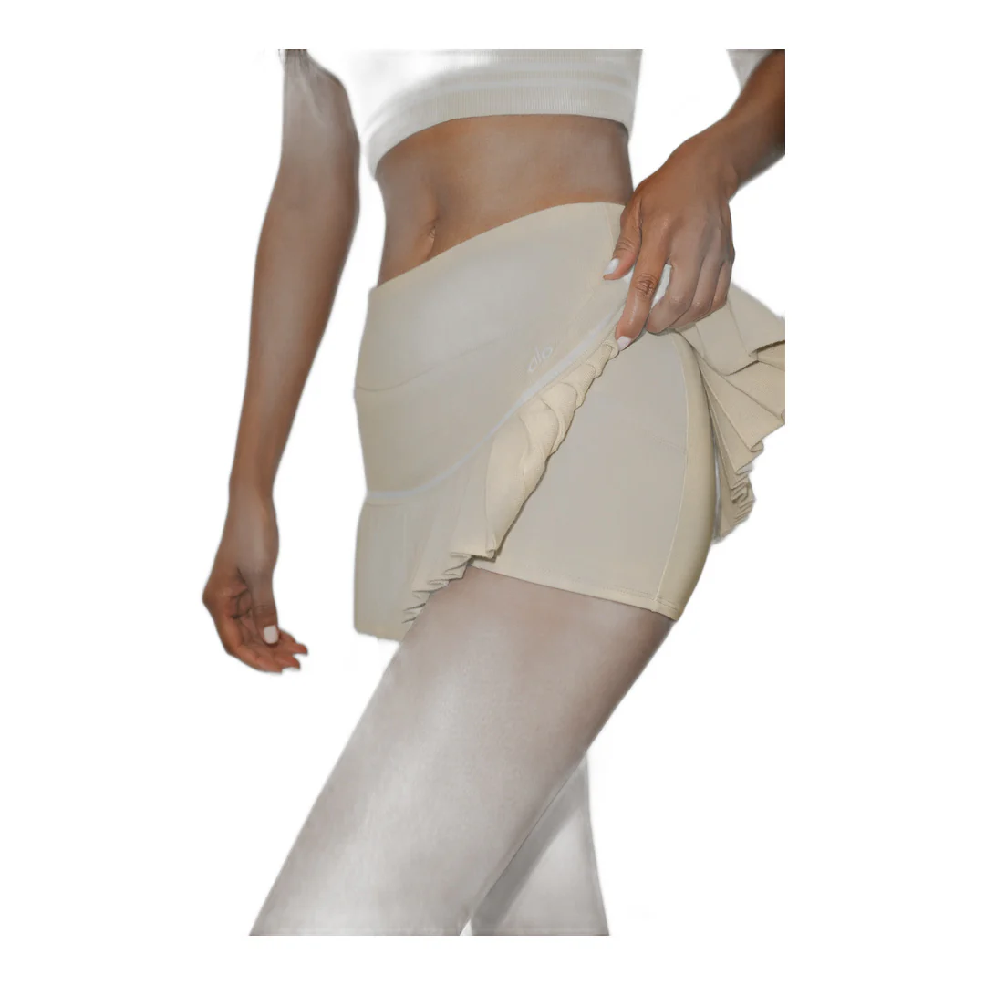 alo Cotton Cashmere High-Waist My Serve Tennis Skirt - Sandy Beige/White - Image 2