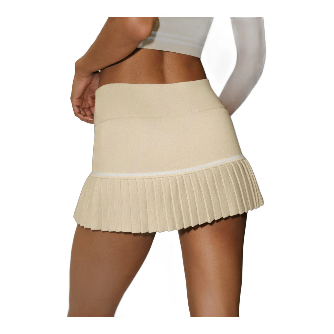 alo Cotton Cashmere High-Waist My Serve Tennis Skirt - Sandy Beige/White - Image 4
