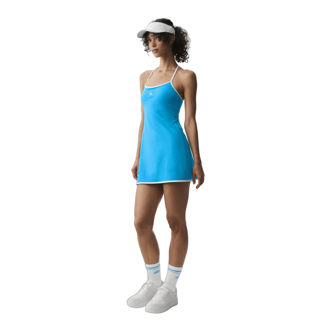 alo ALO Softsculpt Halter Tennis Dress - Azure Blue/White - Image 4