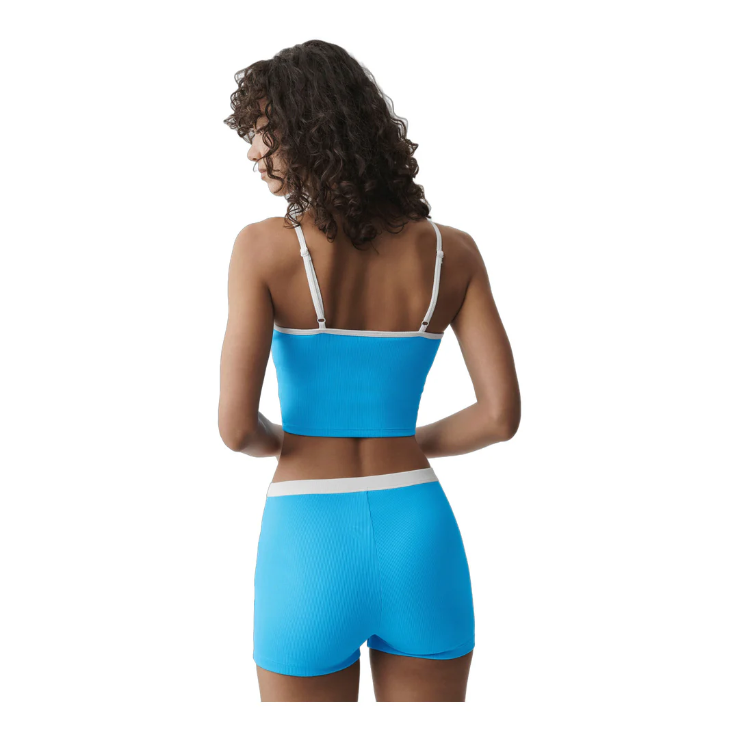 alo Goddess Ribbed First Pick Bra Tank - Azure Blue/White - Image 2