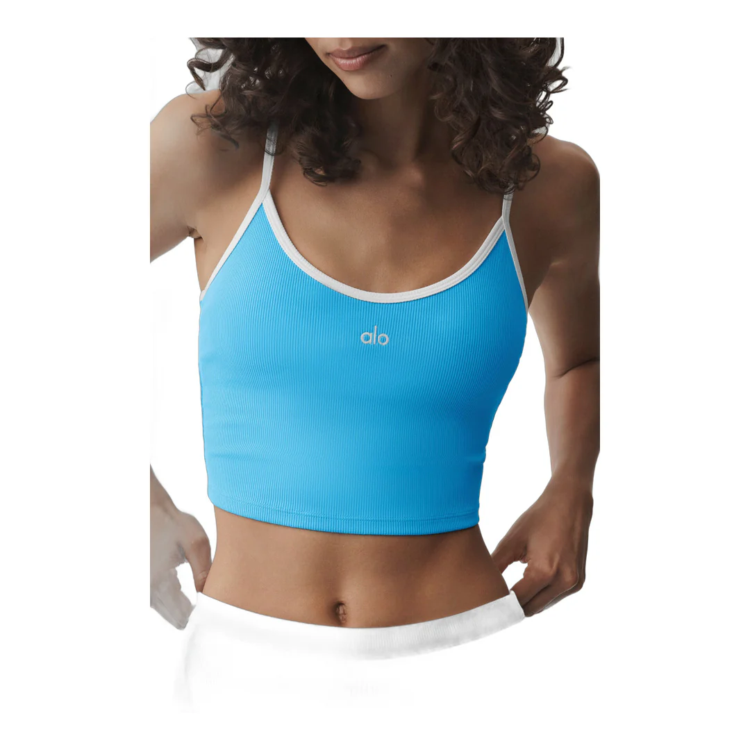 alo Goddess Ribbed First Pick Bra Tank - Azure Blue/White - Image 4