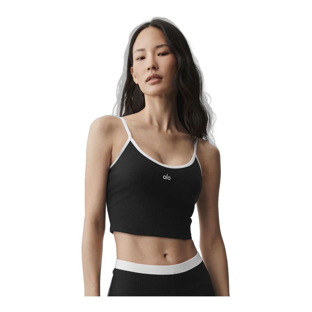 alo Goddess Ribbed First Pick Bra Tank - Black/White - Image 3