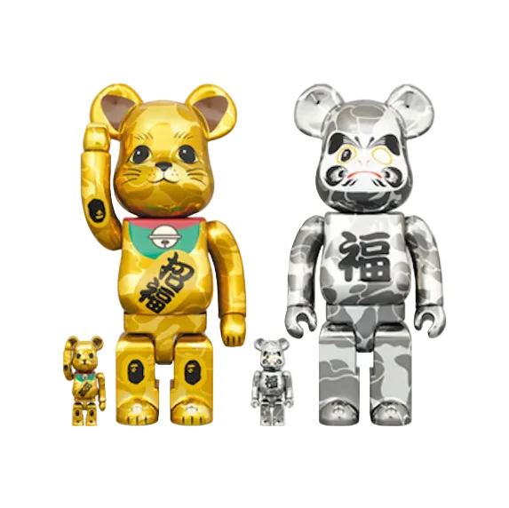 Bearbrick x BAPE Maneki Neko & Daruma 100% & 400% 4-Pc Set Gold & Silver Plated