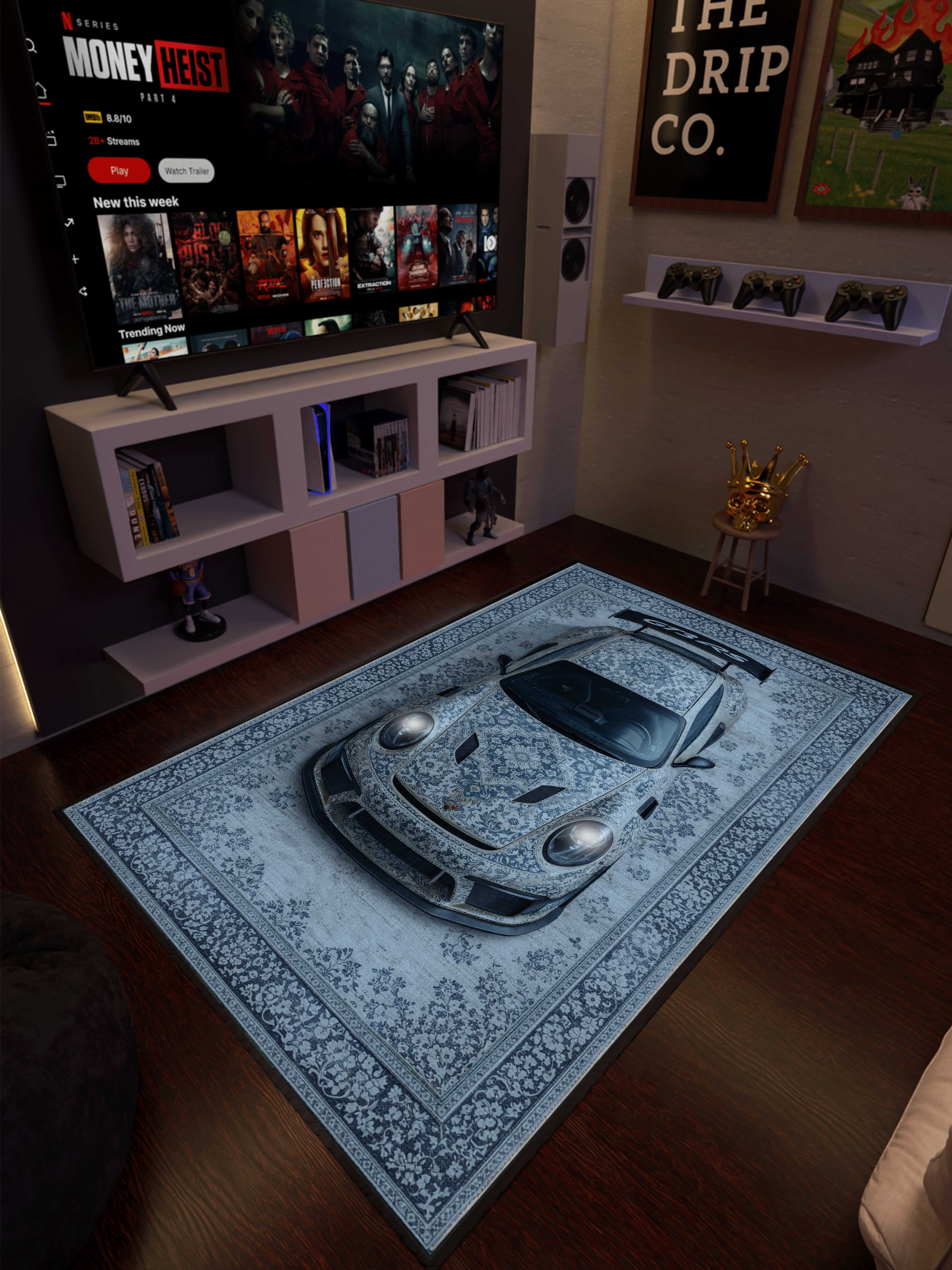 Blue Sports car traditional design Washable Custom Rug - Image 2