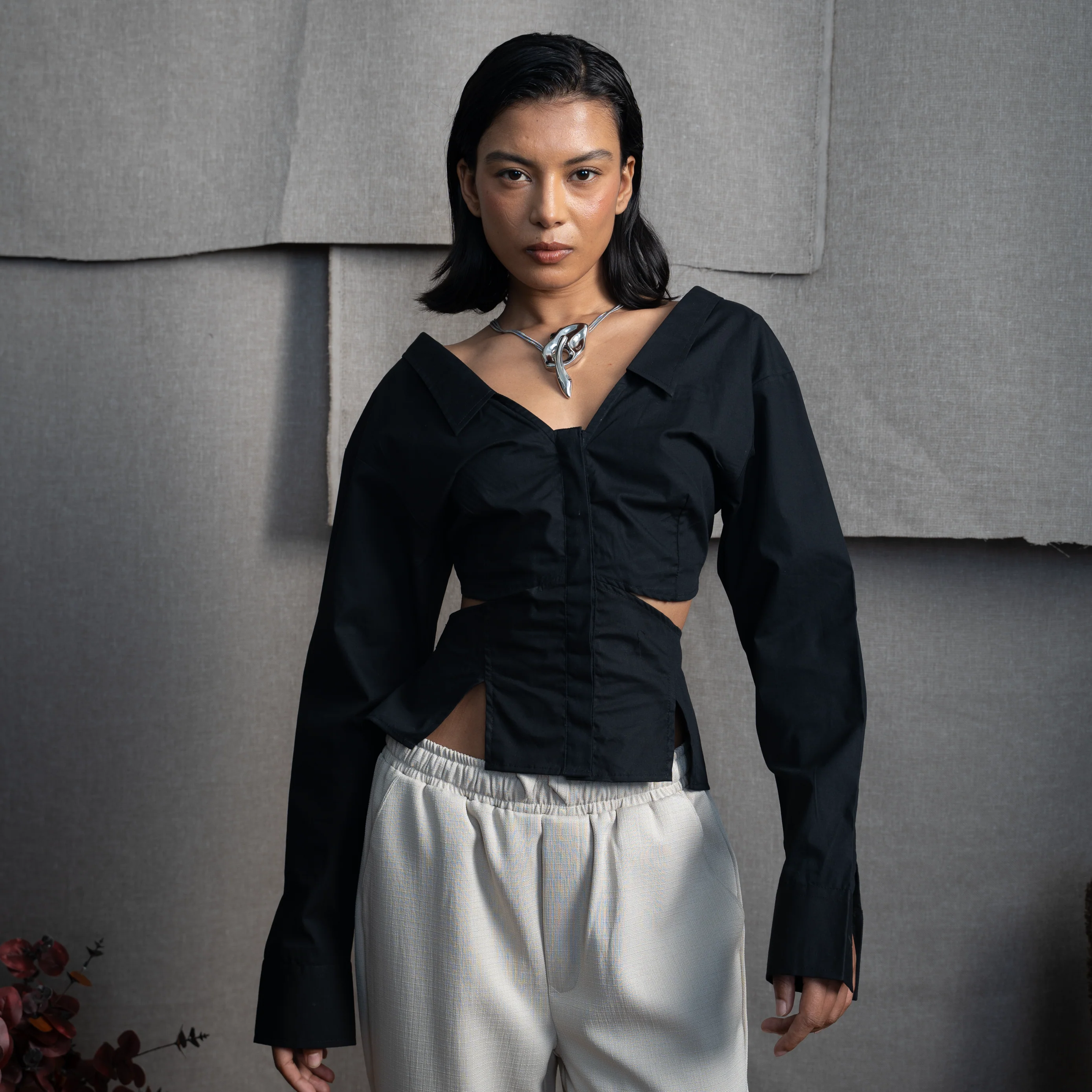 BUTTON DOWN PEPLUM- INK