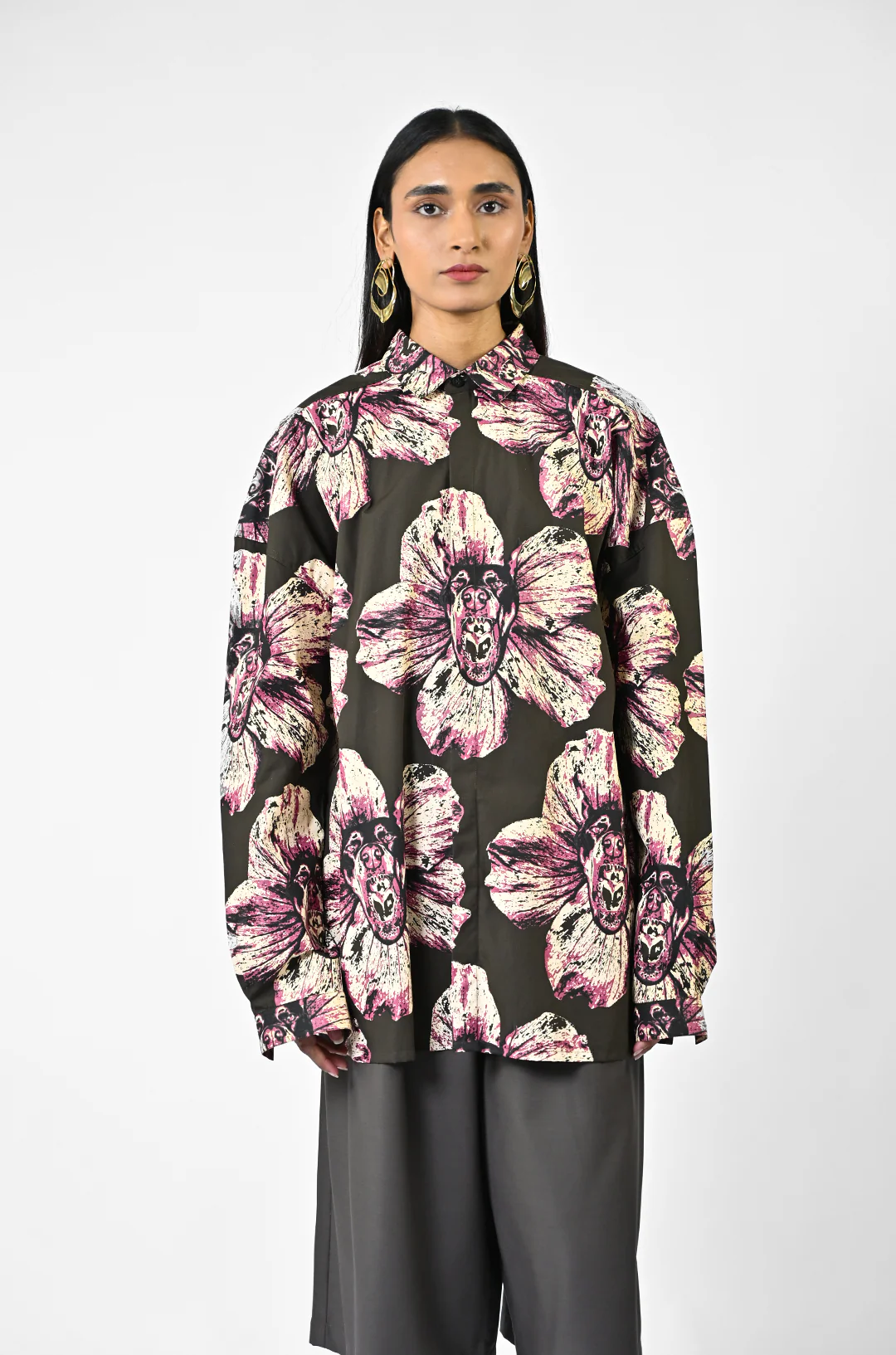 Canine printed oversized cotton shirt - Dark Green - Image 8
