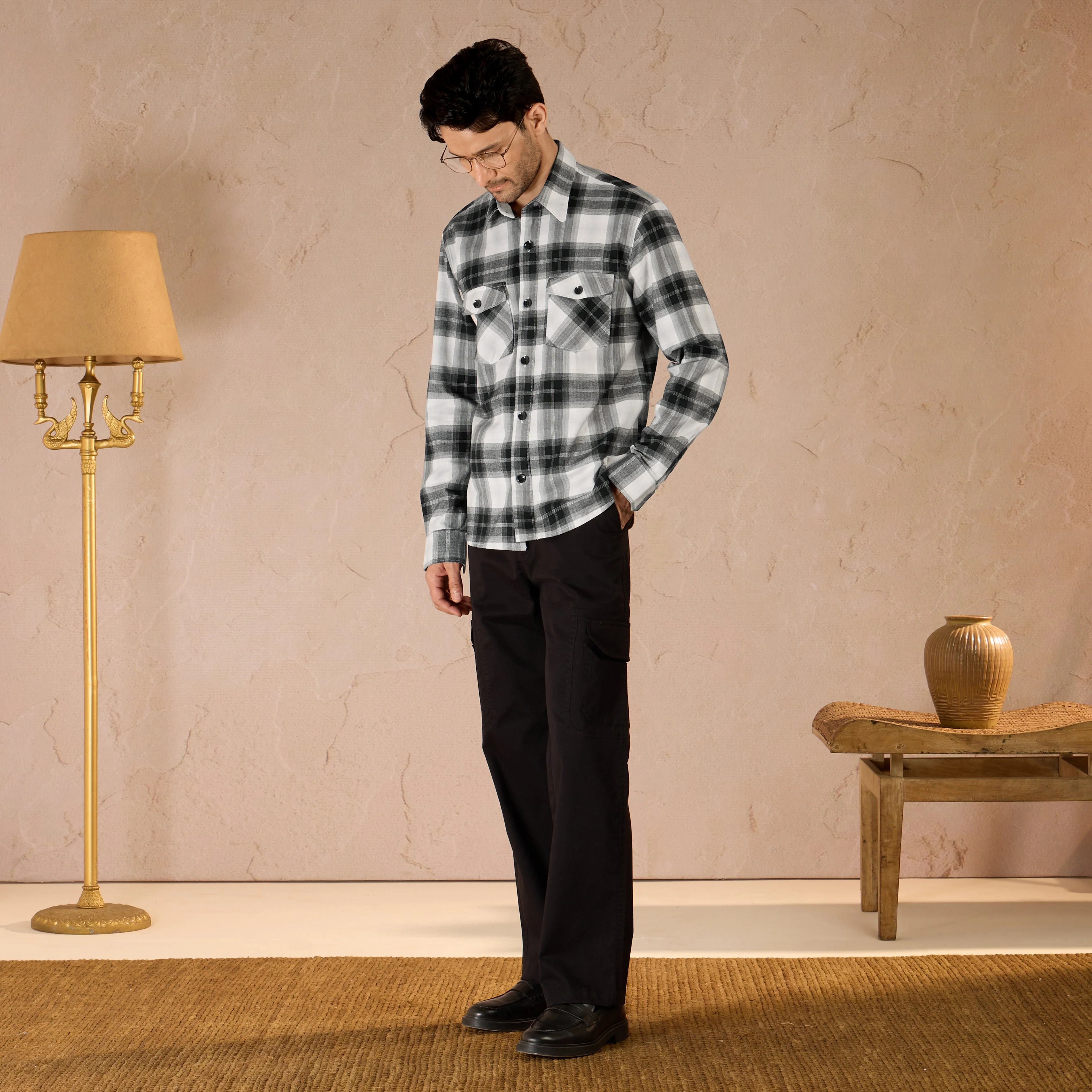 COTTON LIGHTWEIGHT FLANNEL SHIRT - BLACK - Image 2