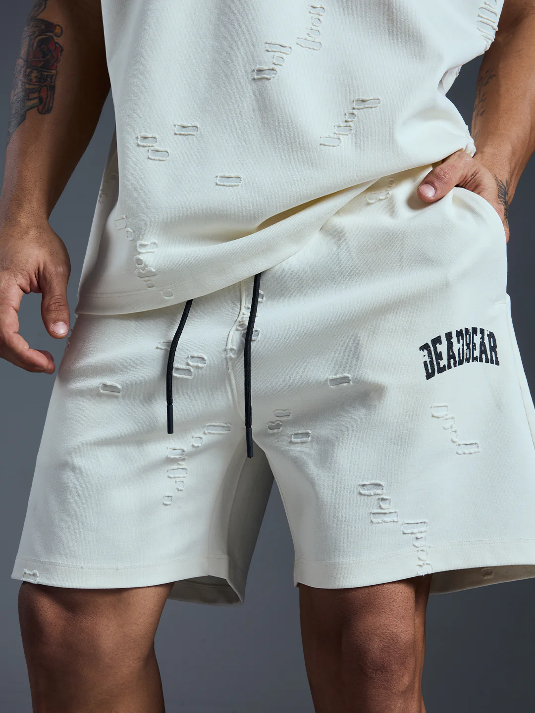Distressed Cream White Shorts - Image 3