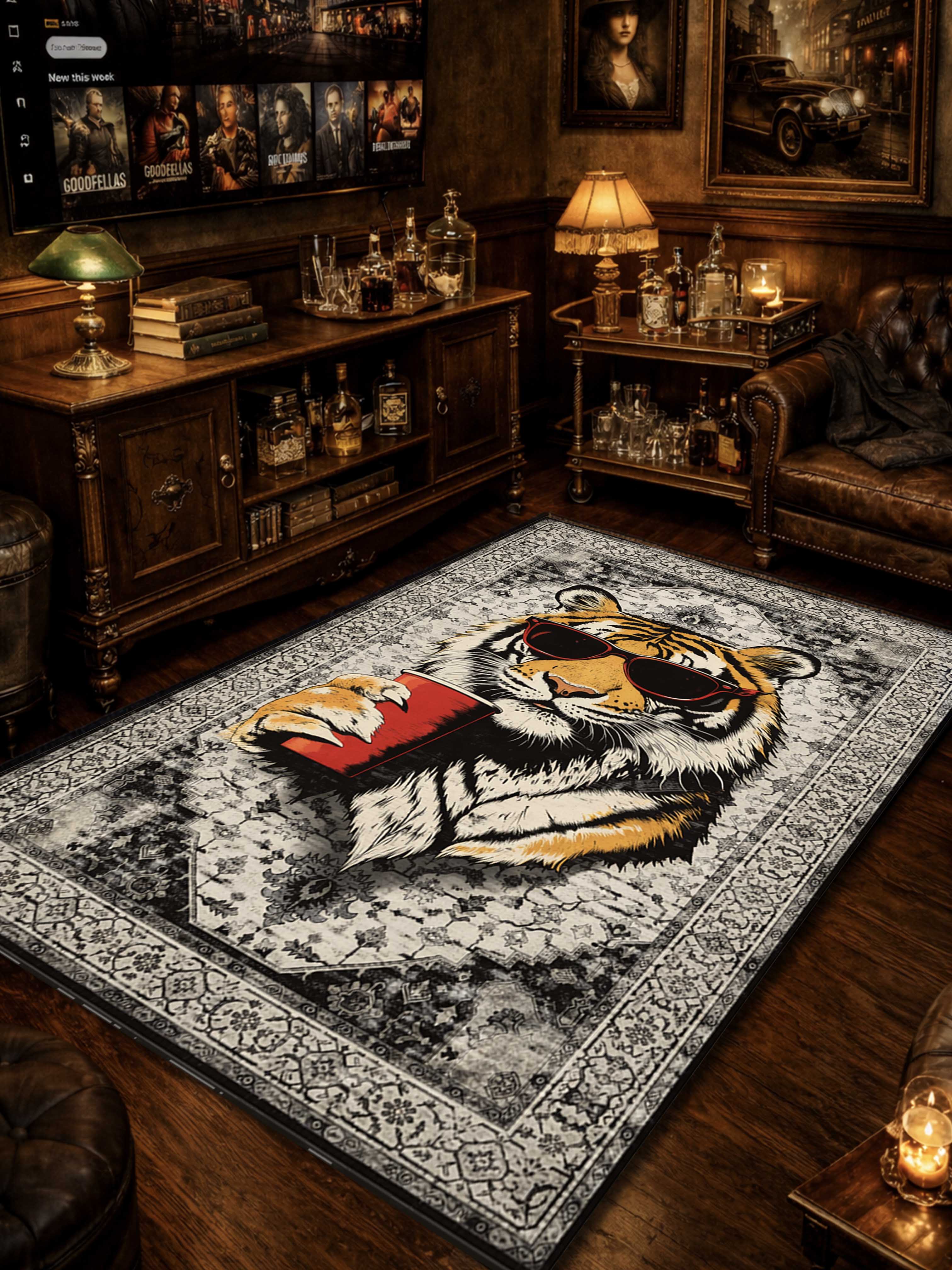 Grey Cool Tiger Traditional Washable Custom Rug - Image 2