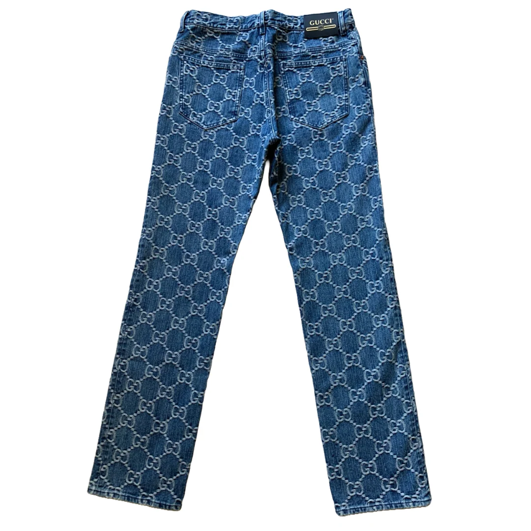 GUCCI MENS GG JACQUARD BLUE COTTON DENIM JEANS BLUE - Image 2