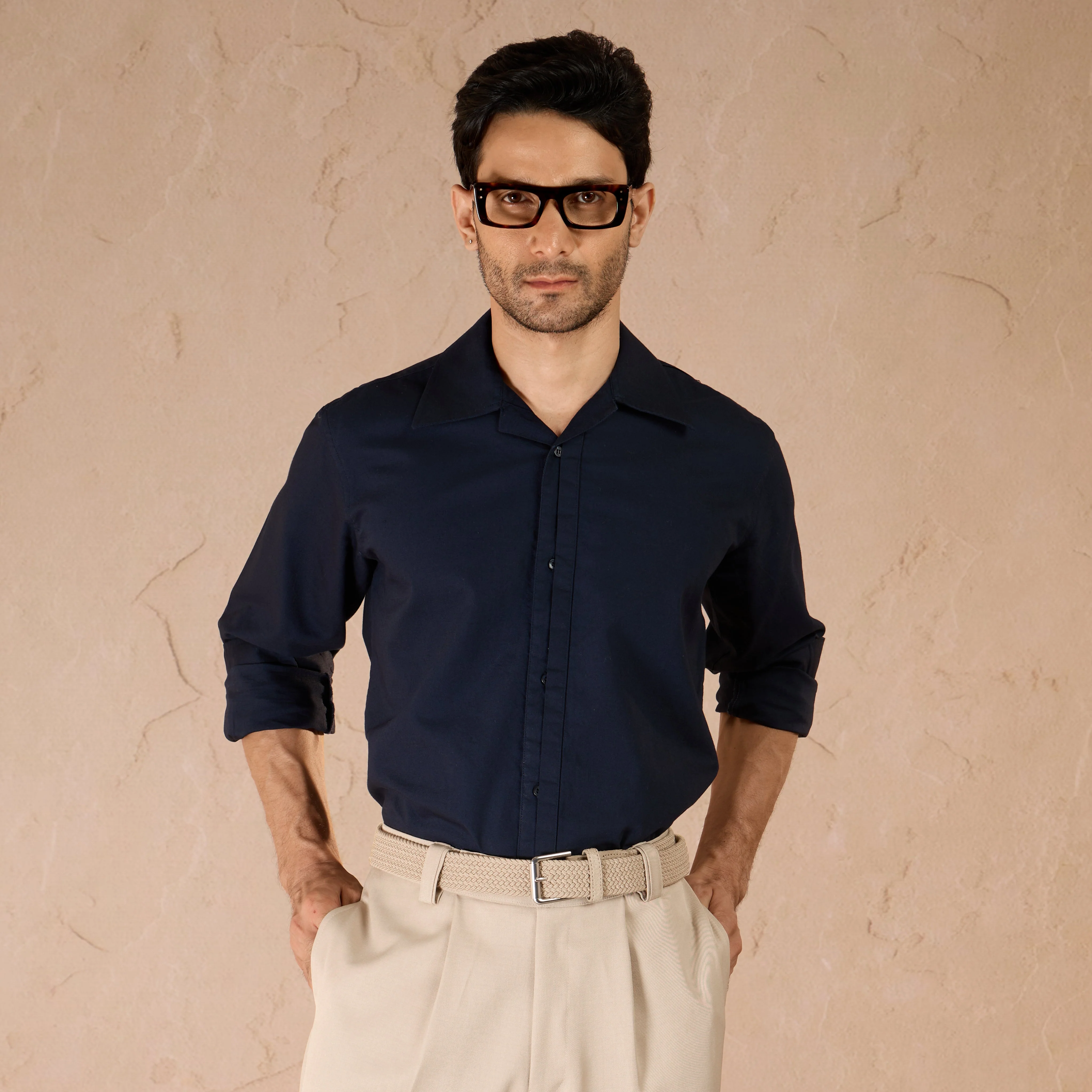 HALF PLACKET COTTON OXFORD SHIRT - NAVY - Image 3