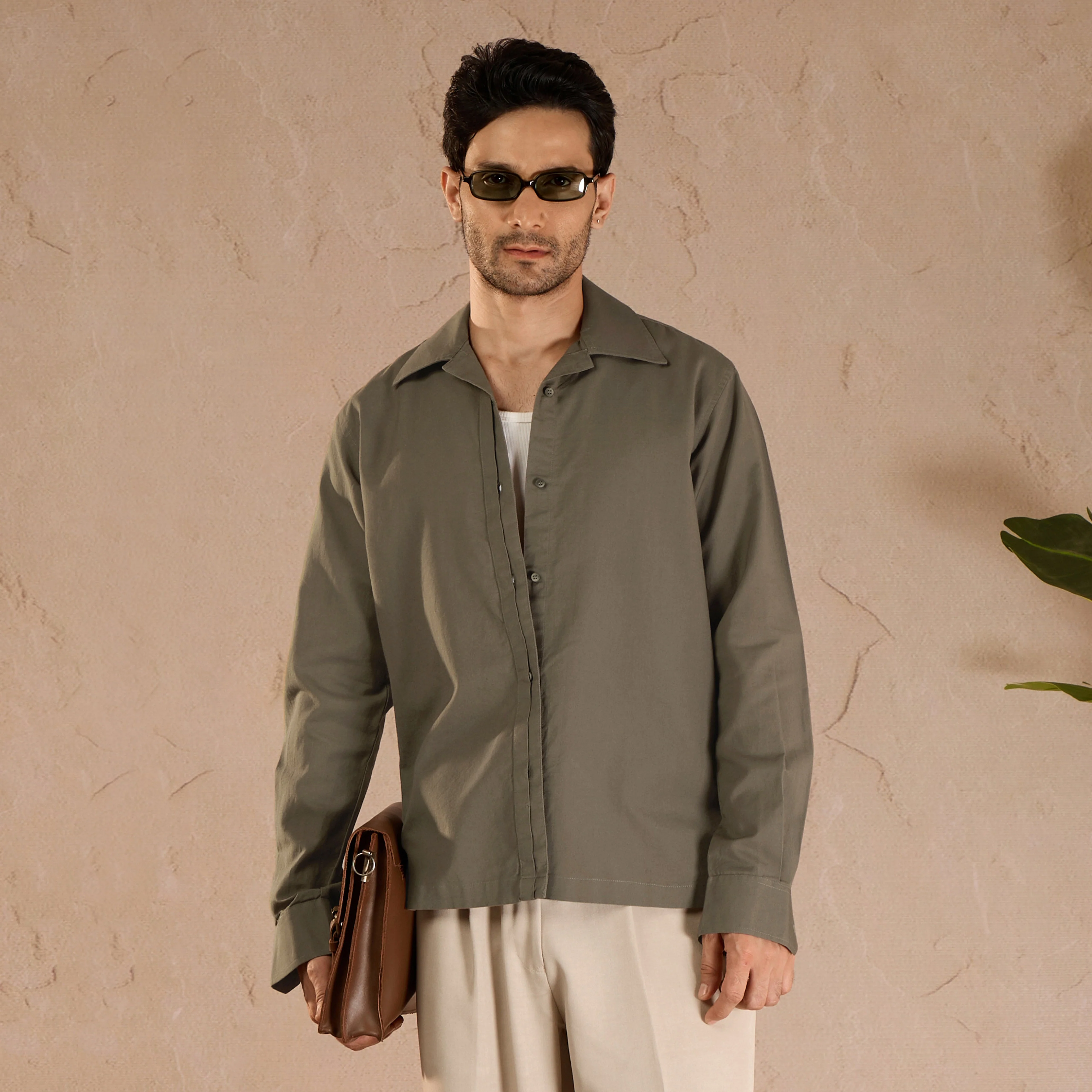 HALF PLACKET COTTON OXFORD SHIRT - OLIVE