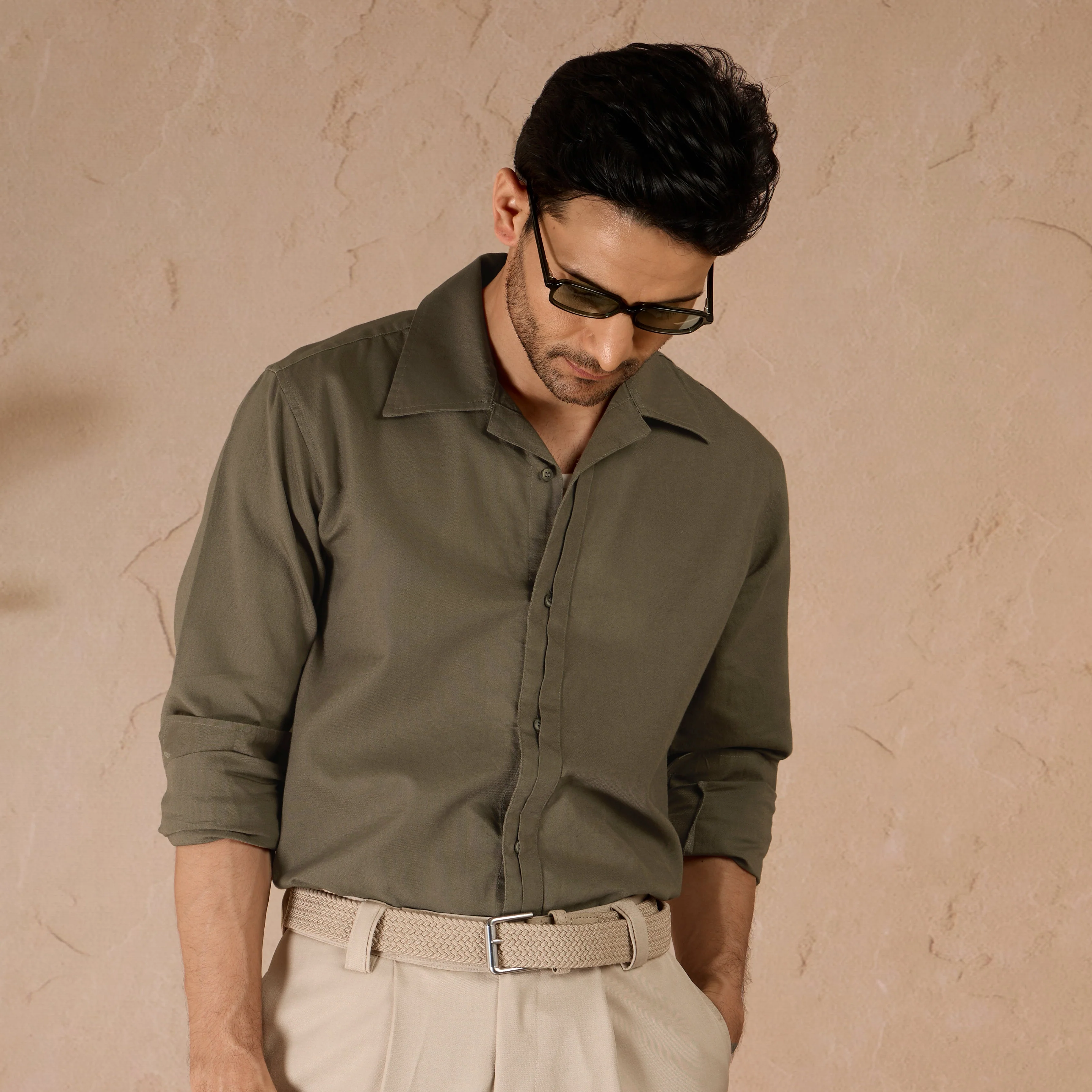 HALF PLACKET COTTON OXFORD SHIRT - OLIVE - Image 6