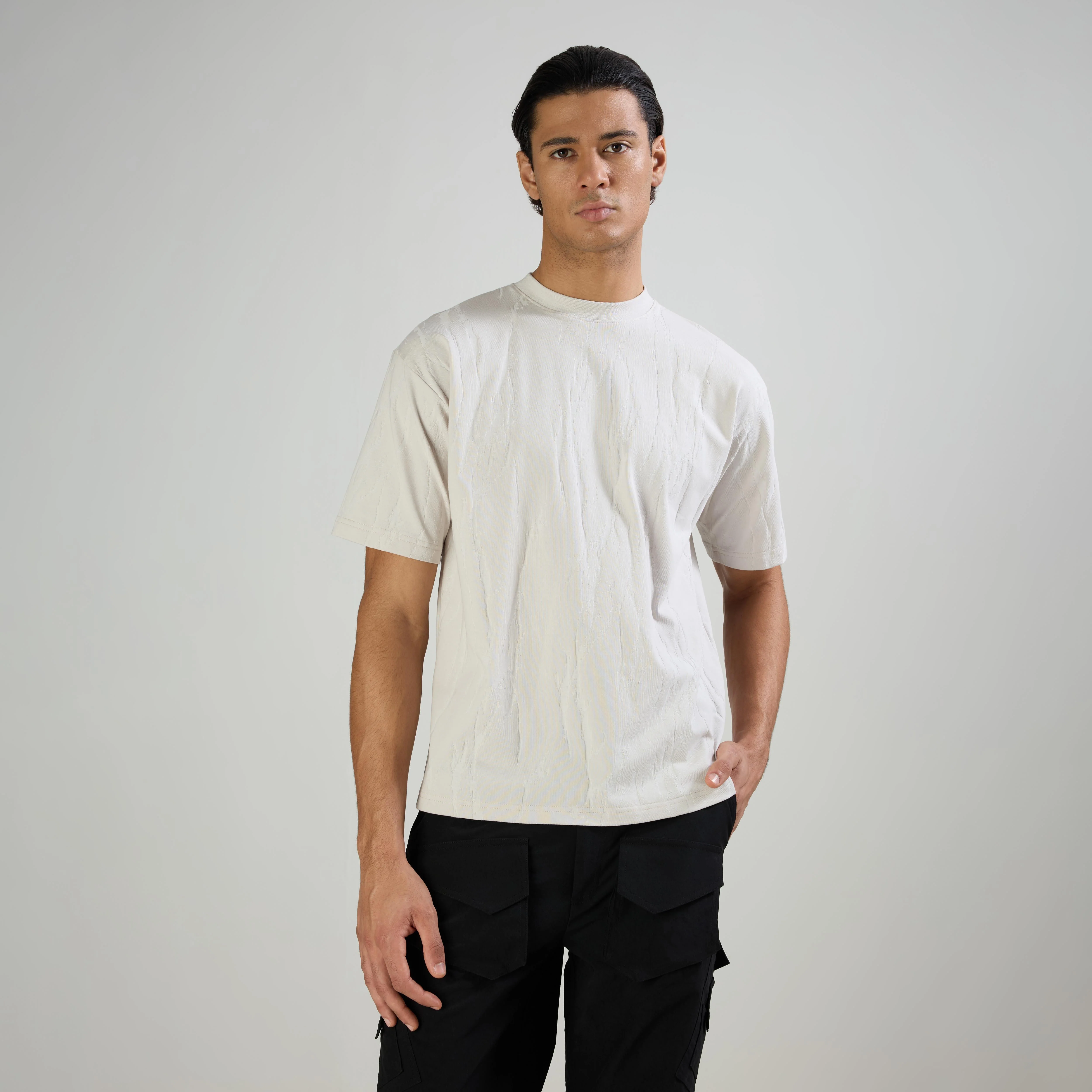 JACQUARD ROUND NECK T-SHIRT - MILD GREY