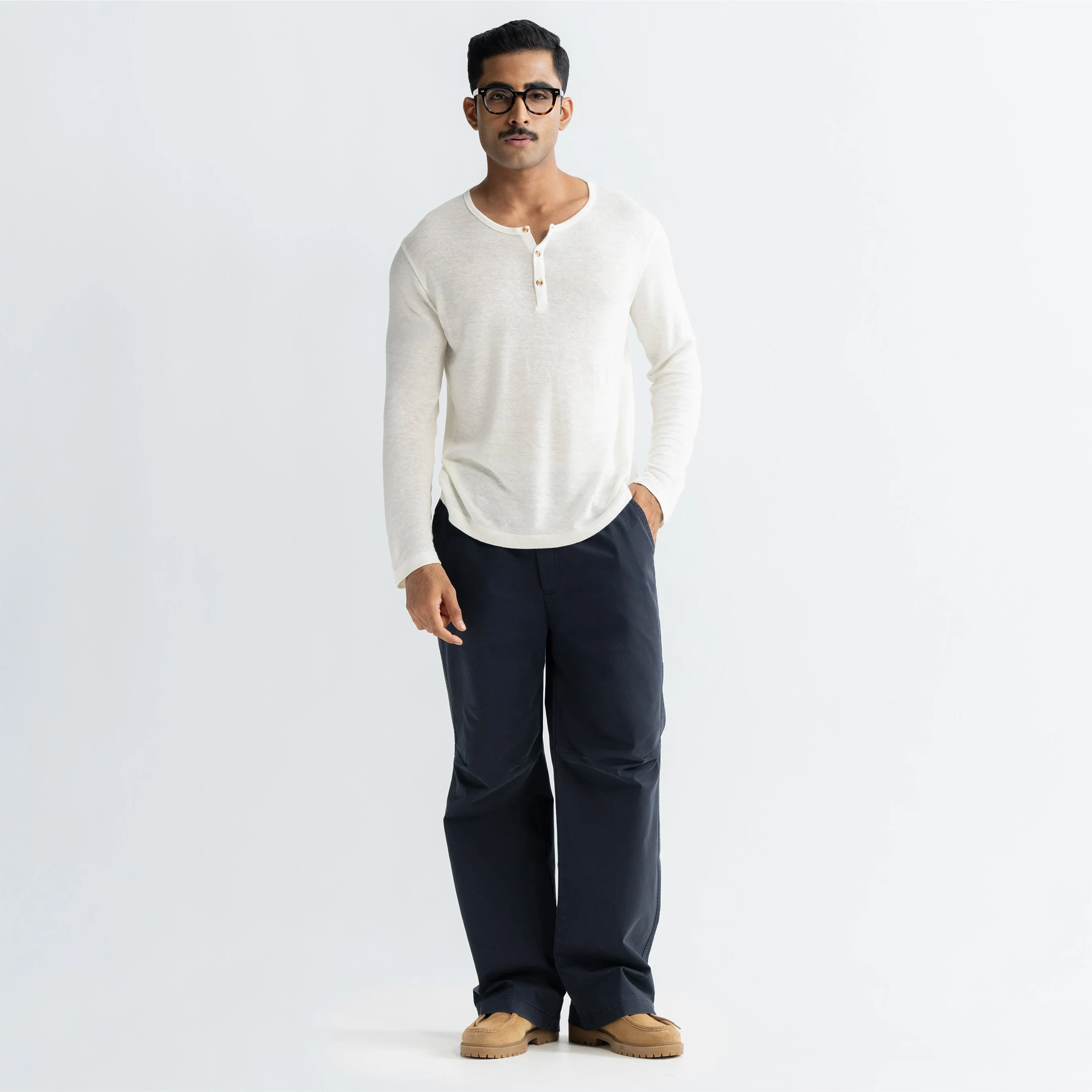 KNEE DART COTTON PANTS - NAVY - Image 2