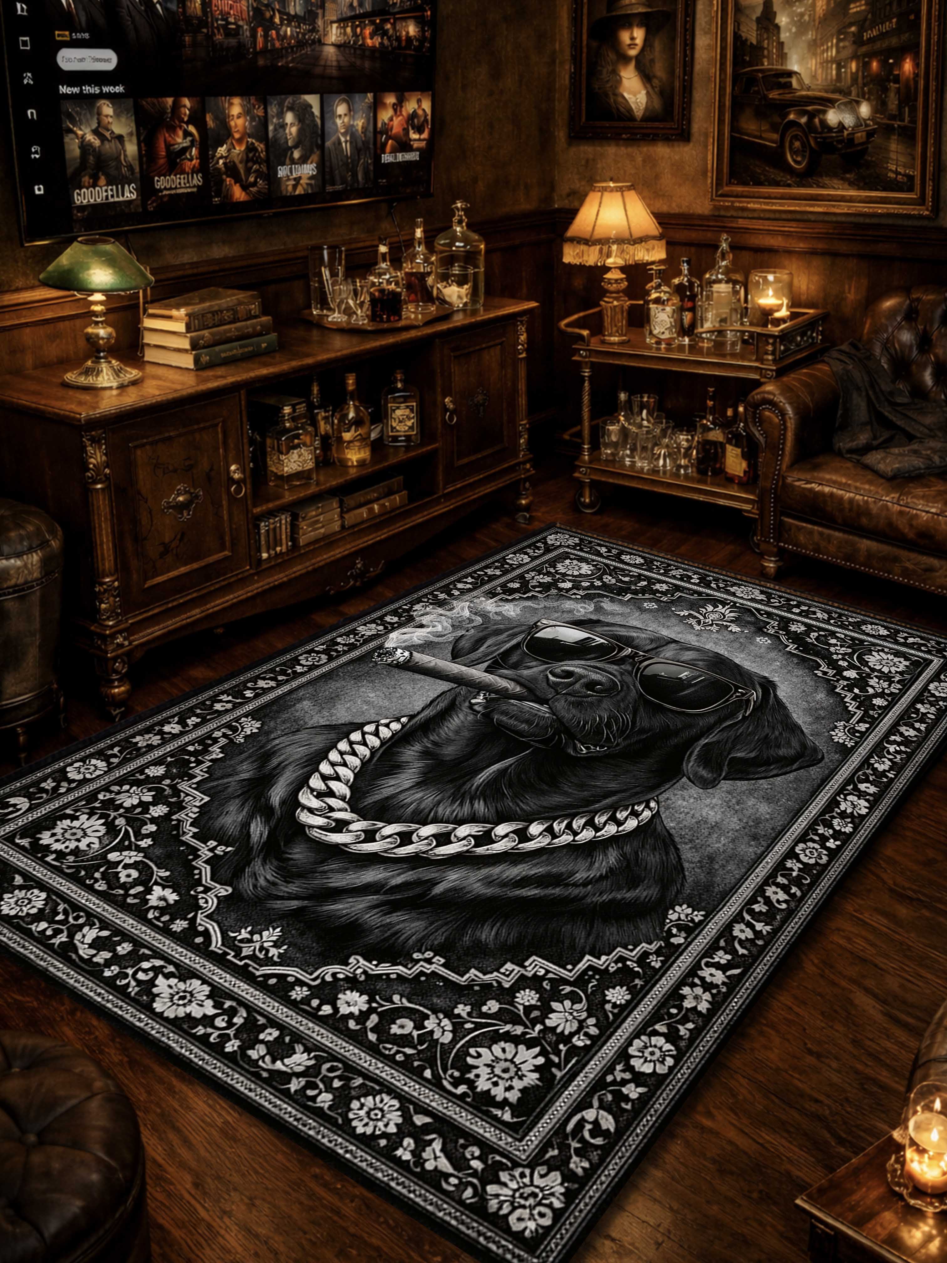 Monochromatic Smoking Dog Traditional Washable Custom Rug - Image 2