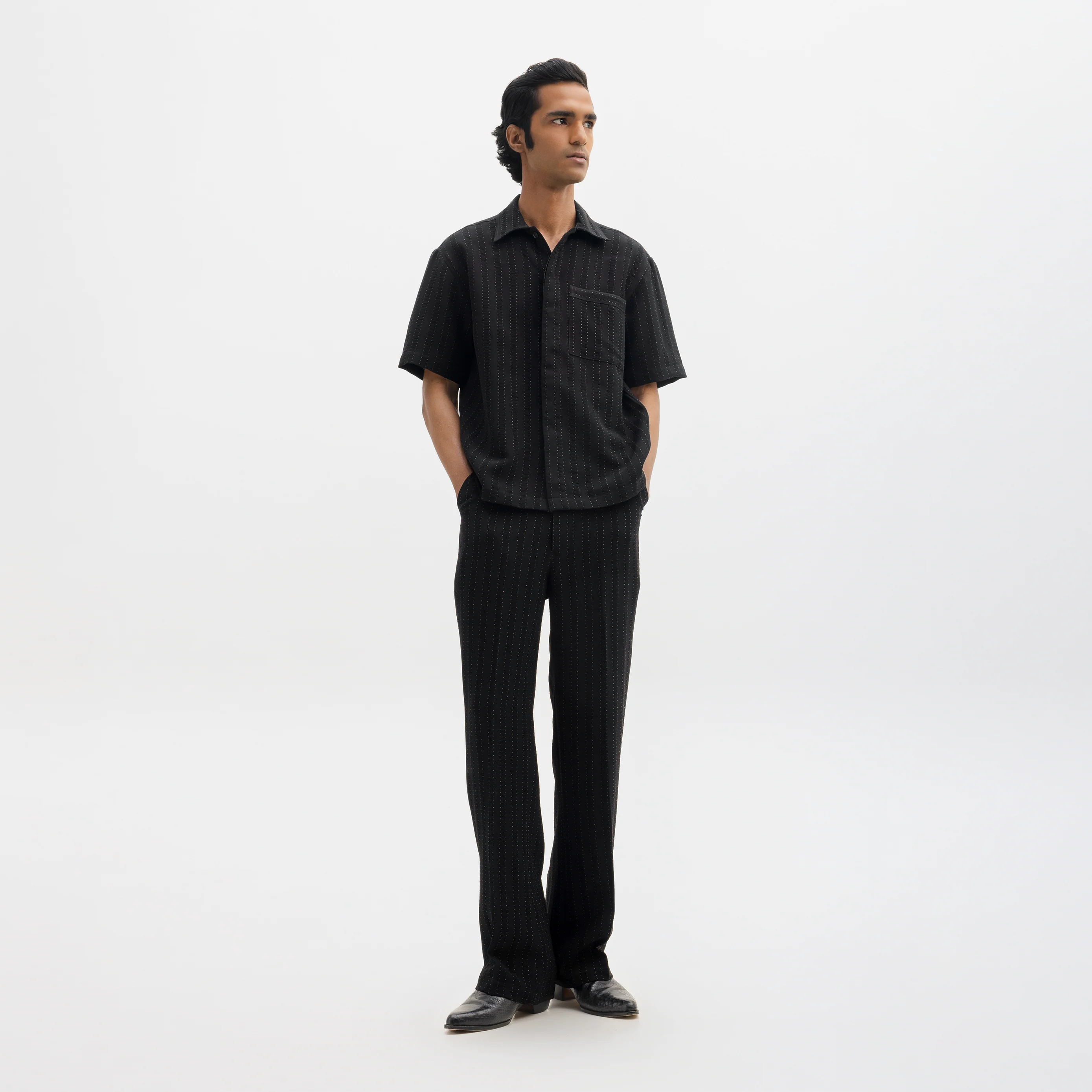 PINSTRIPE CUBAN SHIRT- JET BLACK - Image 3
