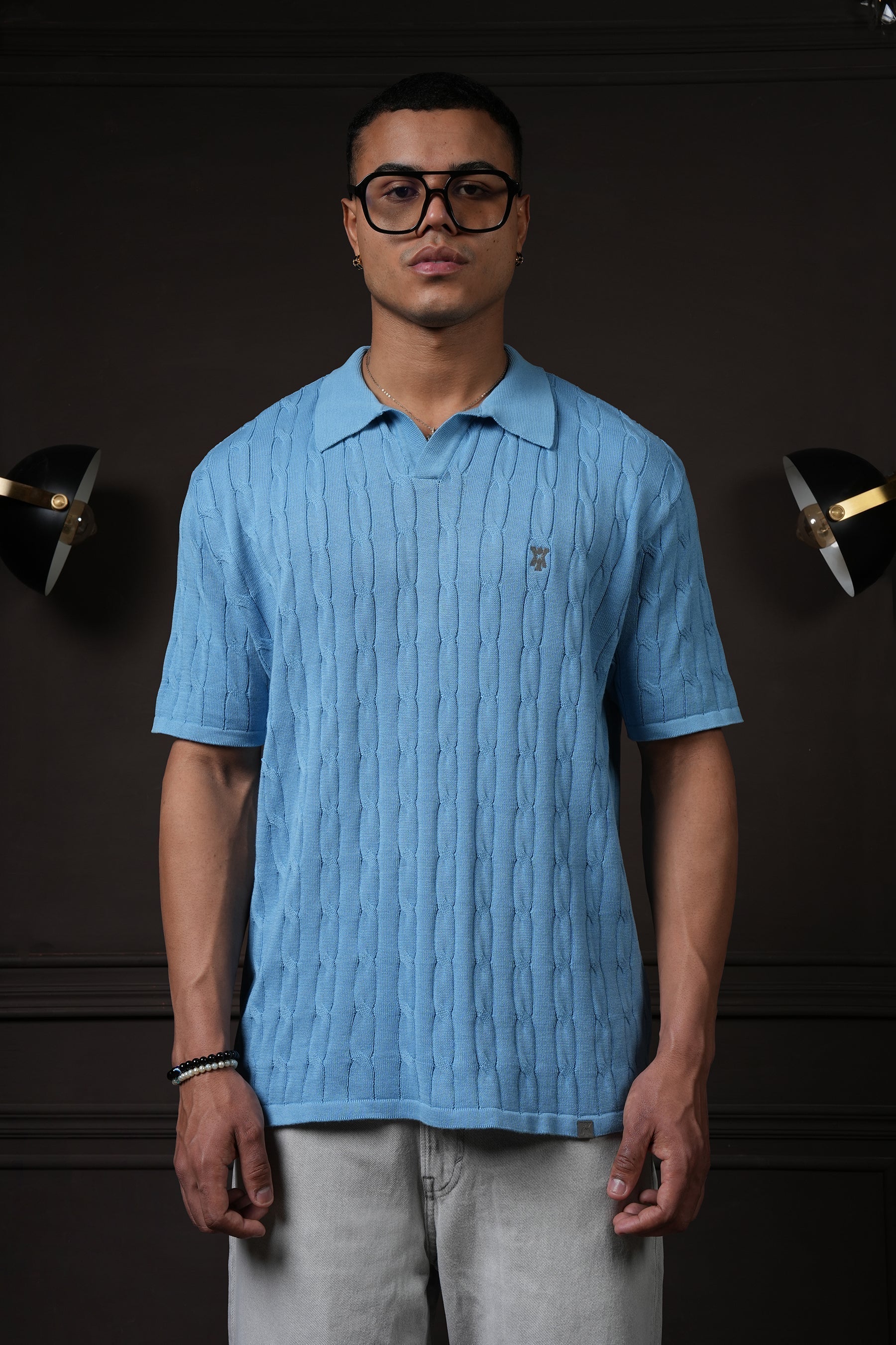 Pristine Cable Knit Polo - Cornflower Blue - Image 3