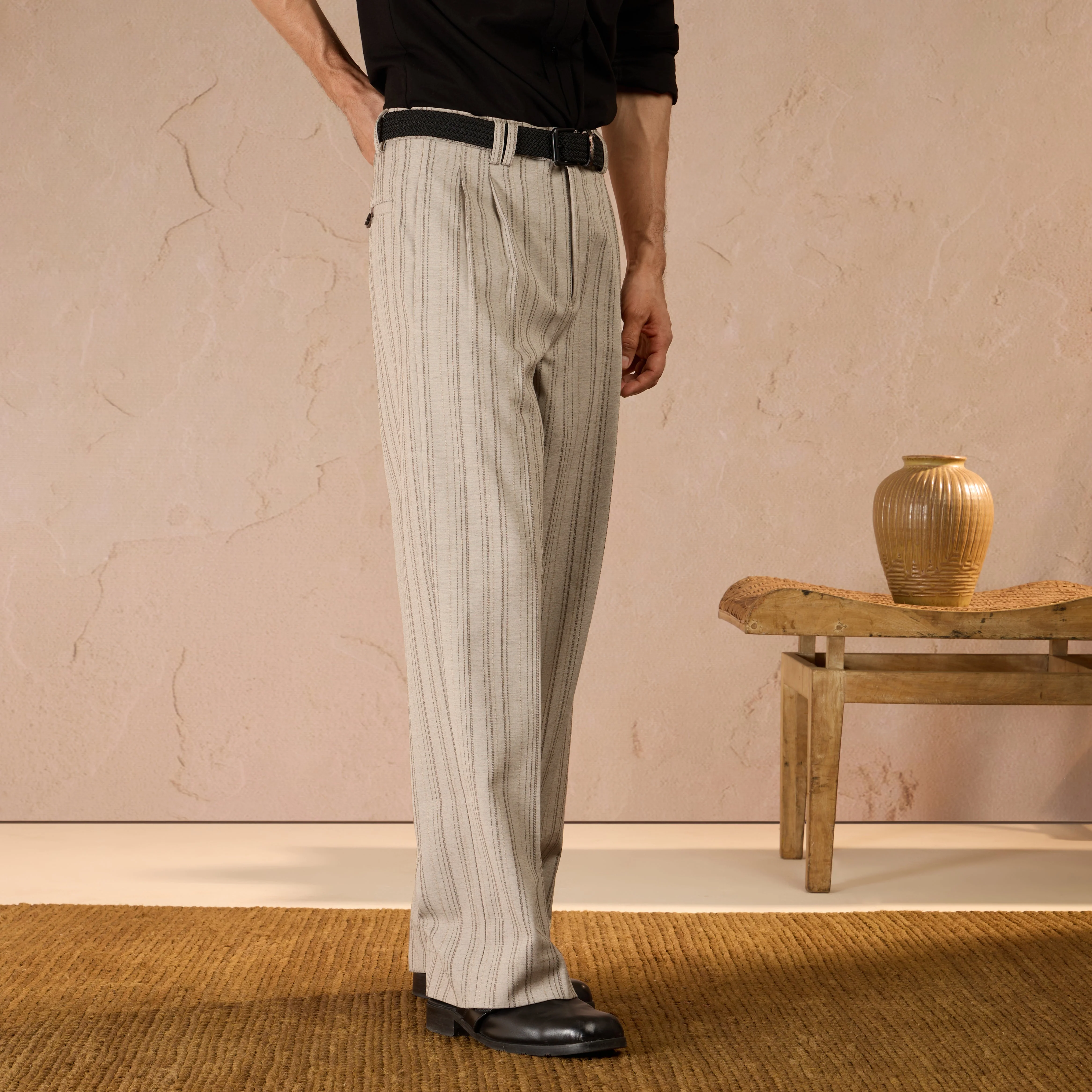 RELAXED FIT PINSTRIPE TROUSERS - BEIGE - Image 3