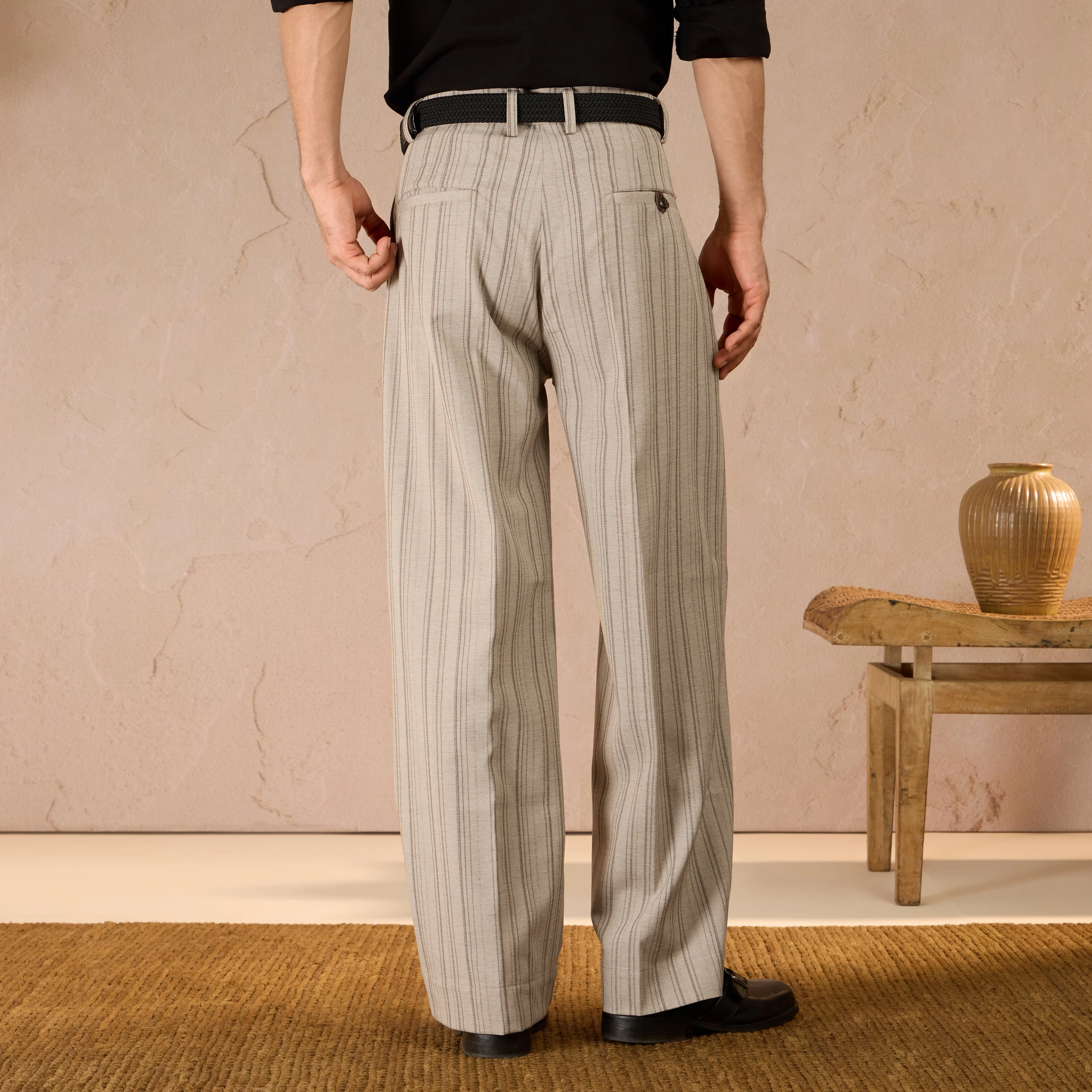 RELAXED FIT PINSTRIPE TROUSERS - BEIGE - Image 6