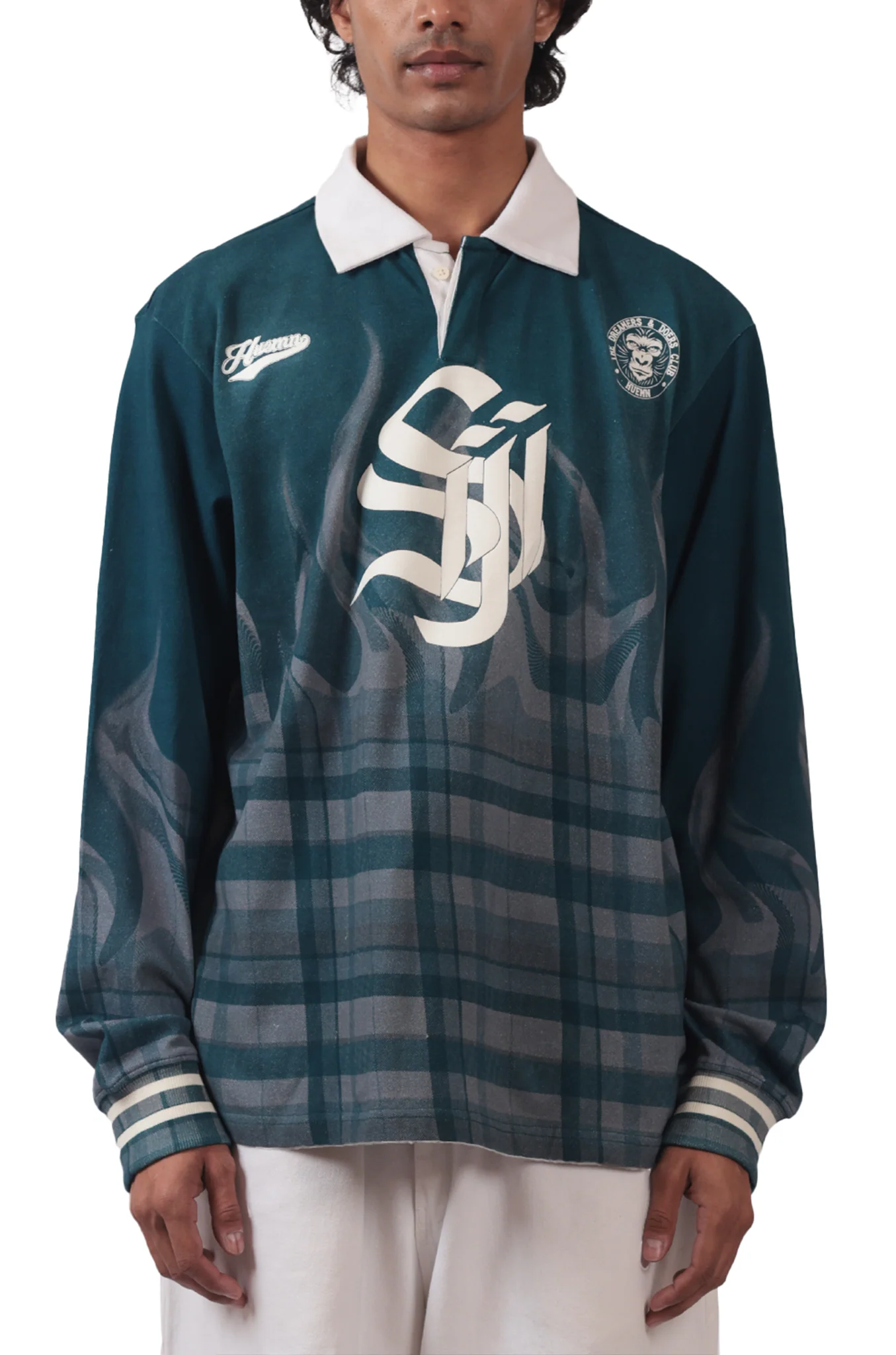 Shreyas Iyer x HUEMN 'SI' monogram full sleeved t-shirt in checkered flame pattern (Blue) - Image 4