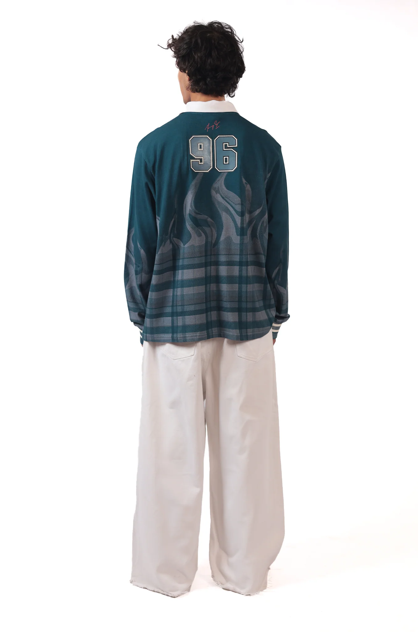 Shreyas Iyer x HUEMN 'SI' monogram full sleeved t-shirt in checkered flame pattern (Blue) - Image 6