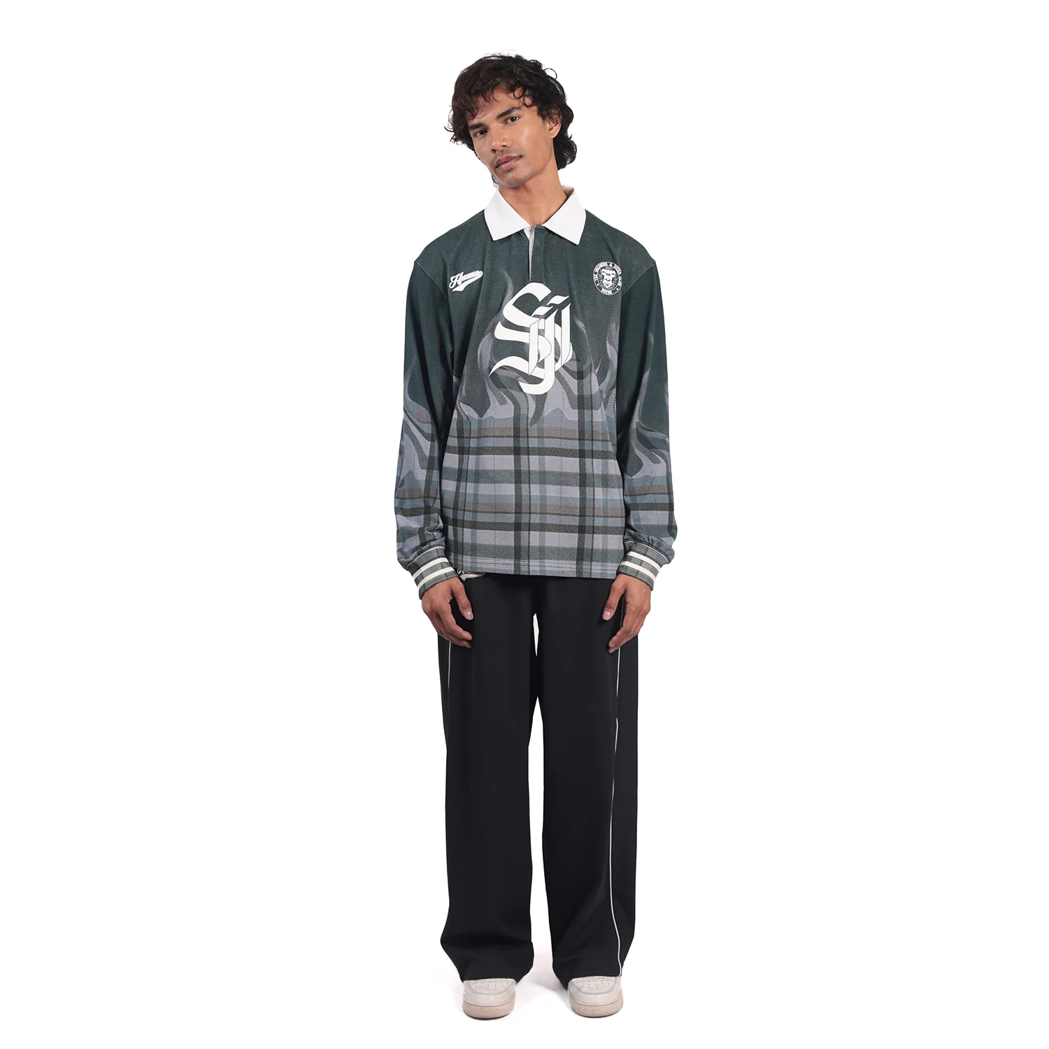 Shreyas Iyer x HUEMN 'SI' monogram full sleeved t-shirt in checkered flame pattern (Green) - Image 3