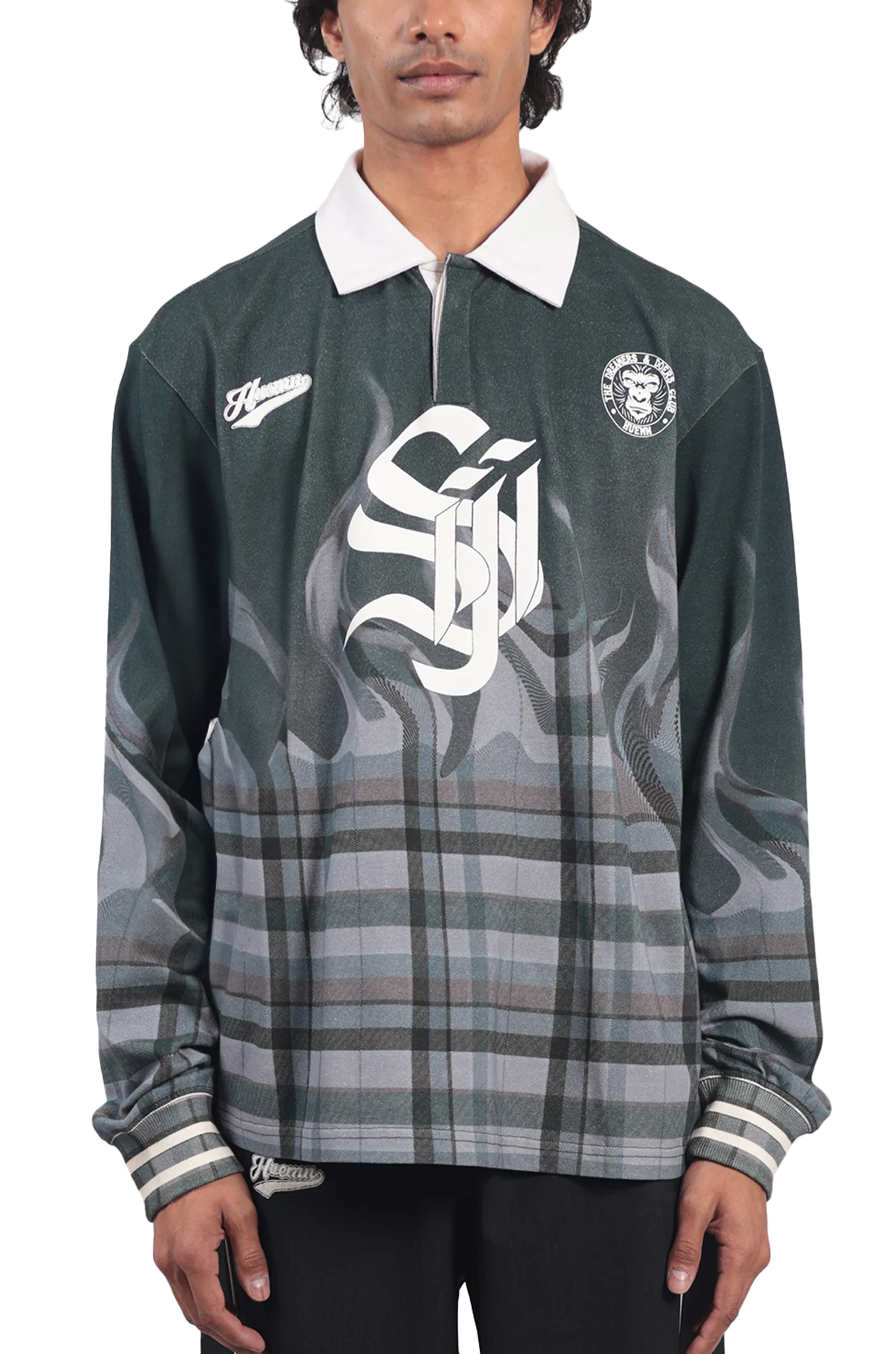 Shreyas Iyer x HUEMN 'SI' monogram full sleeved t-shirt in checkered flame pattern (Green) - Image 5