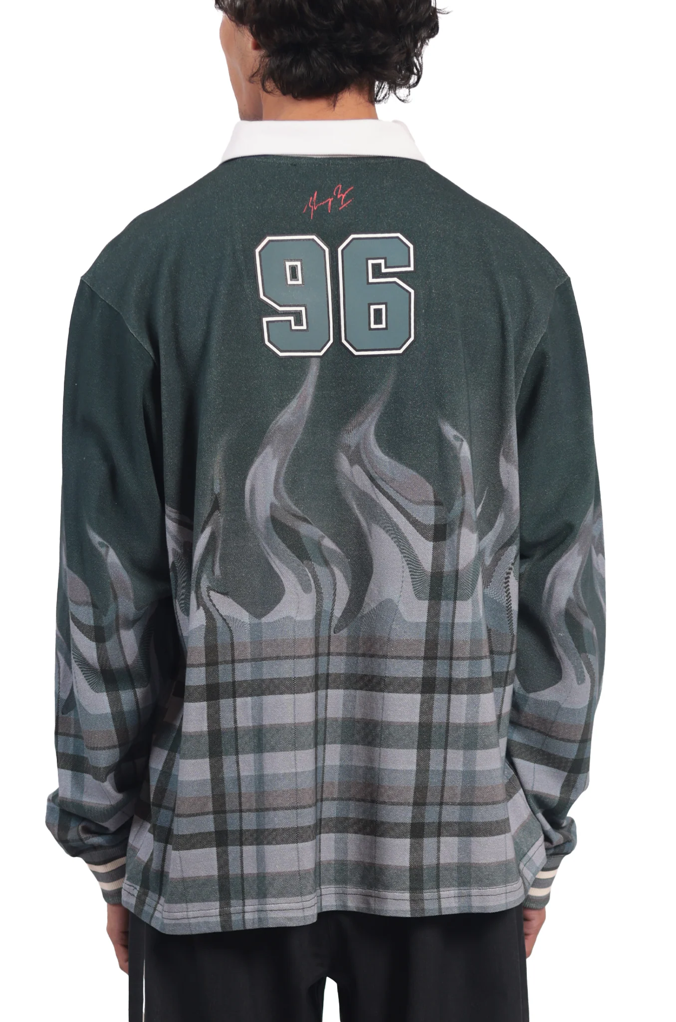 Shreyas Iyer x HUEMN 'SI' monogram full sleeved t-shirt in checkered flame pattern (Green) - Image 7