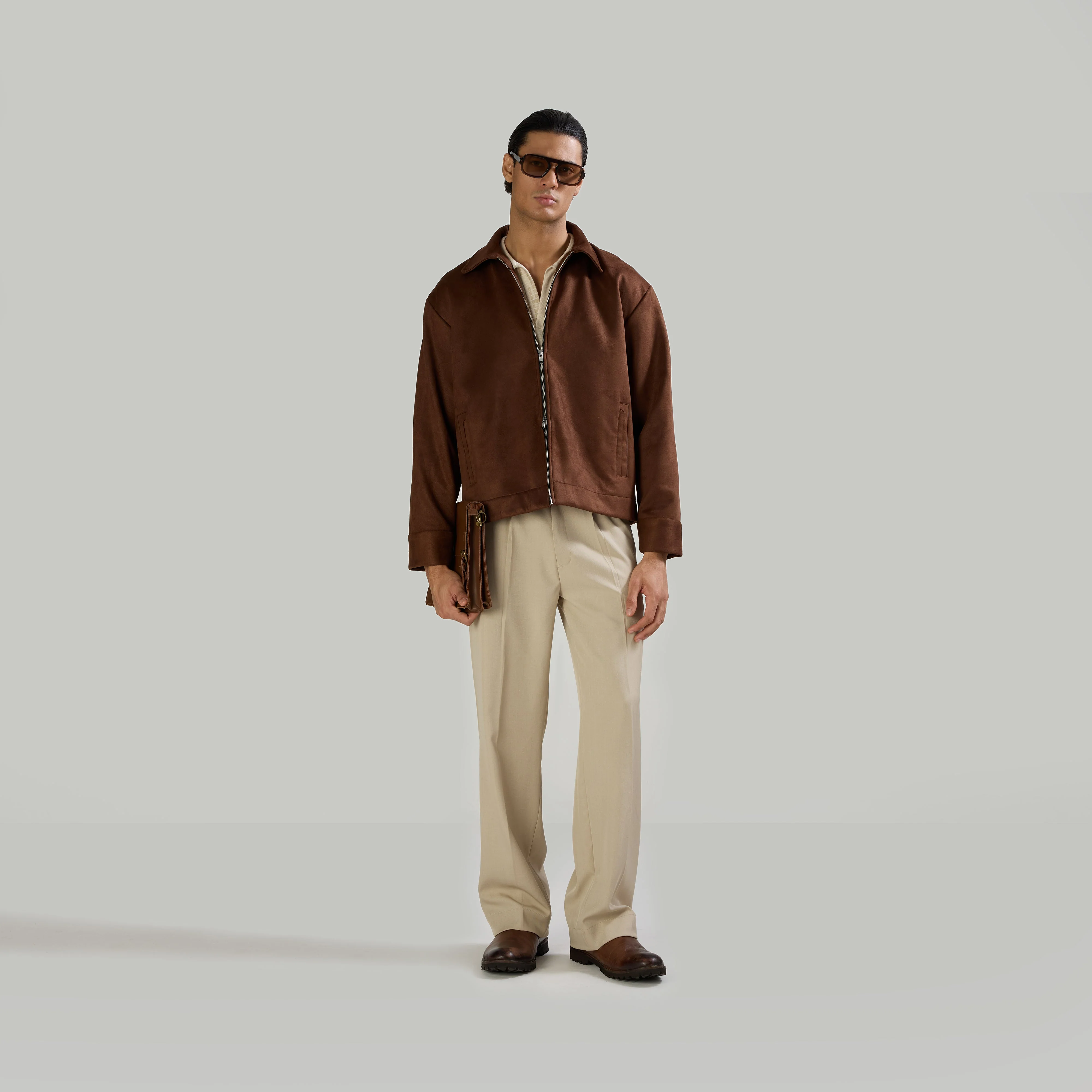 SUEDE TWO-WAY ZIP JACKET - BROWN - Image 2