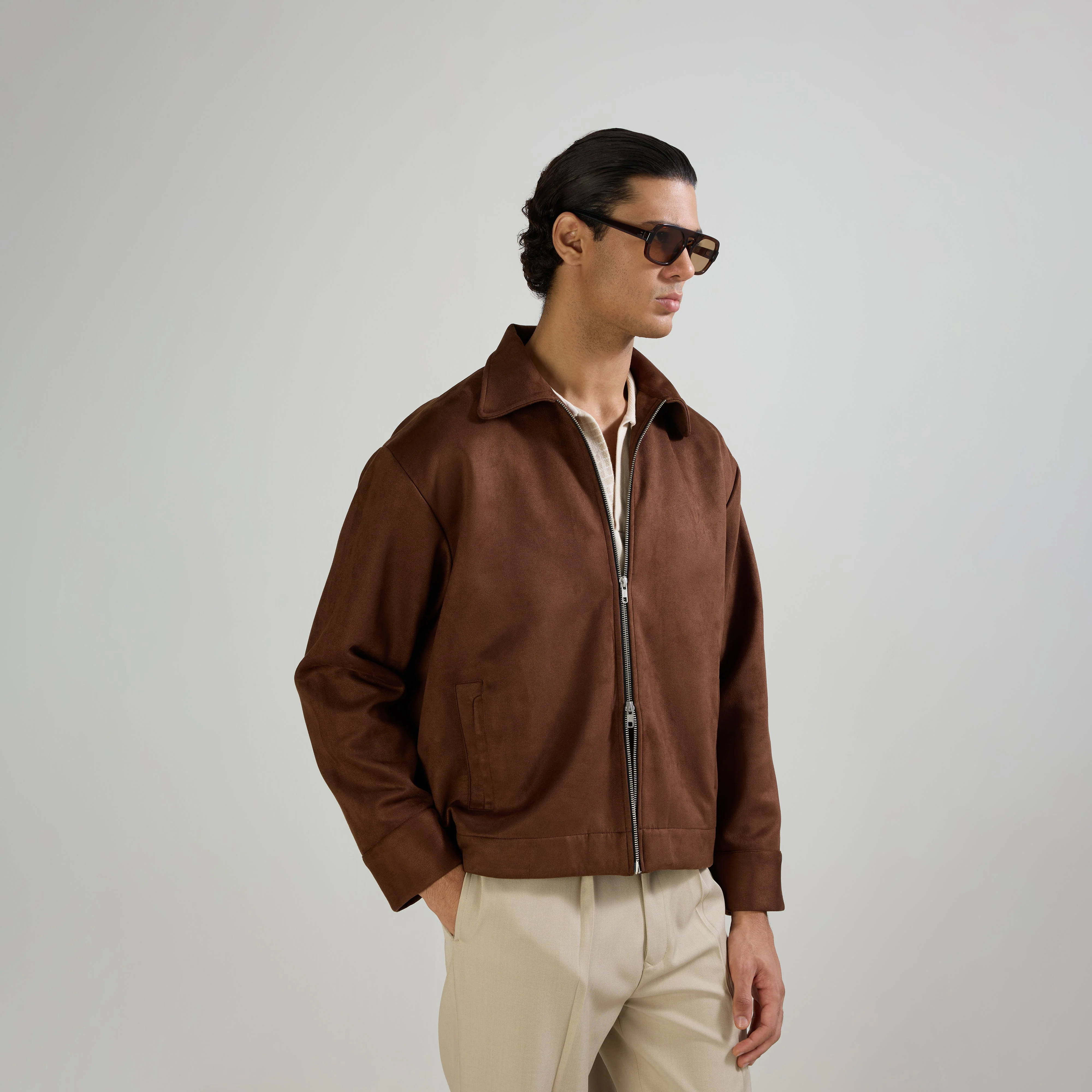 SUEDE TWO-WAY ZIP JACKET - BROWN - Image 3