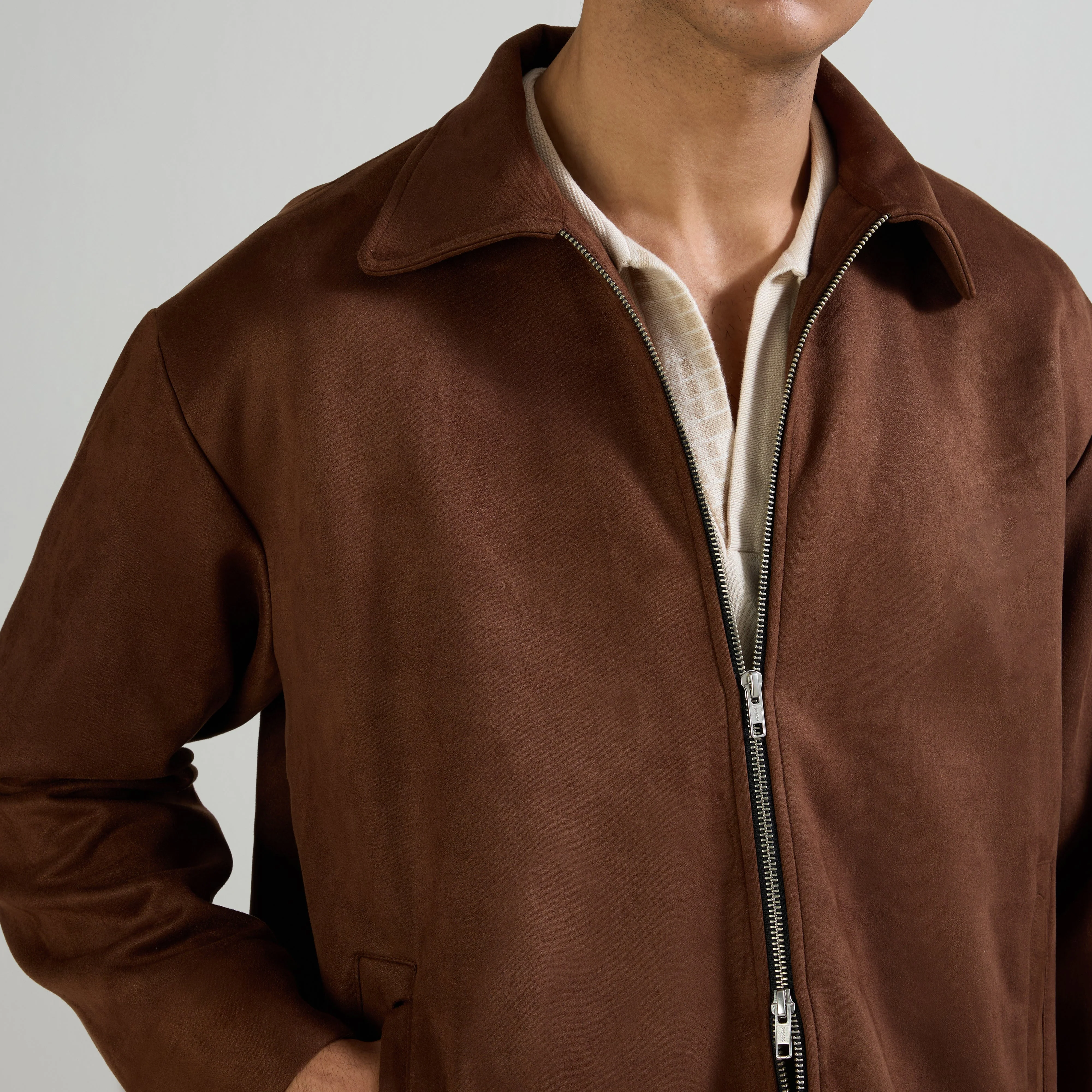SUEDE TWO-WAY ZIP JACKET - BROWN - Image 6